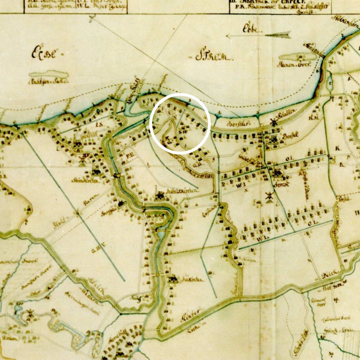 Die Karte von 1784 zeigt die historischen Wege und den Binnendeich, der heute die Verwaltungsgebiete der beiden Gemeinden trennt.