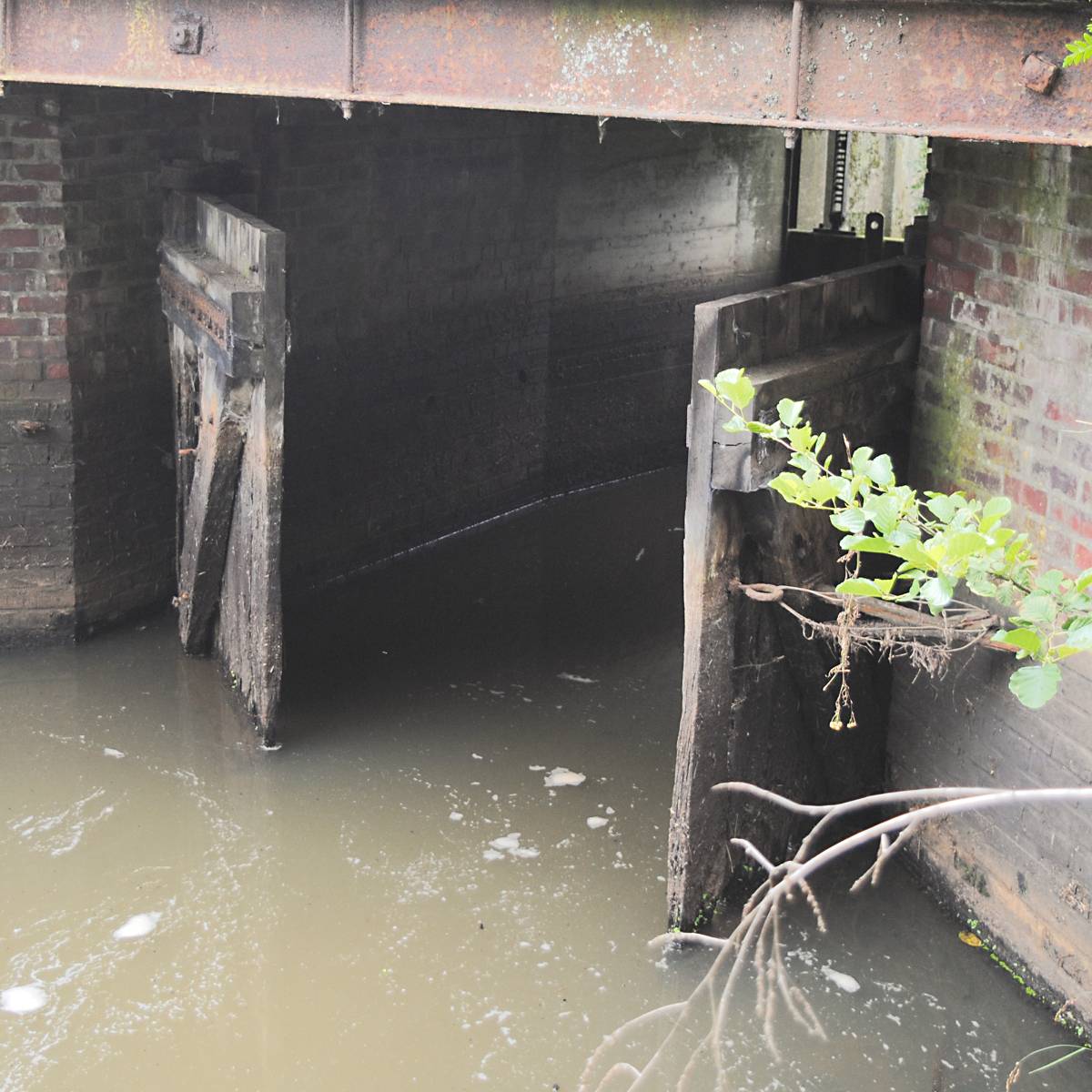 Historisches schwarz-weiß-Foto einer zweitorigen Schleuse.