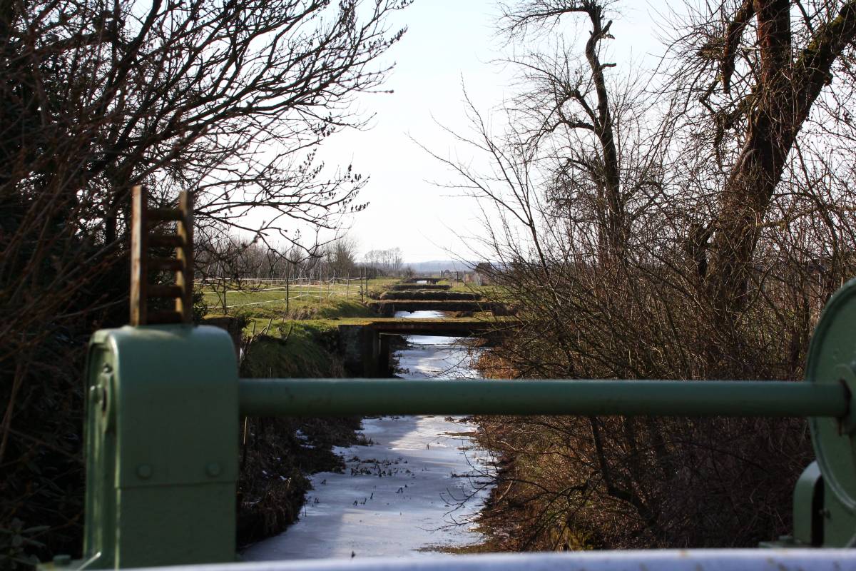 Foto Blick auf die Neuenschleuser Wettern. Die Wirtschaftswege der Obsthöfe queren die Wettern auf kleinen Brücken. Im Hintergrund ist die Erhebung der Stader Geest zu erkennen.